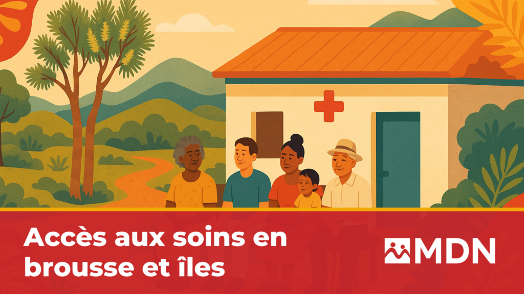 Dispensaire isolé en brousse calédonienne avec des patients de toutes origines attendant à l'extérieur