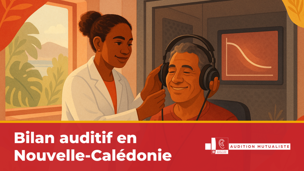 Une audioprothésiste calédonienne réalise un bilan auditif à un patient dans une cabine insonorisée en Nouvelle-Calédonie