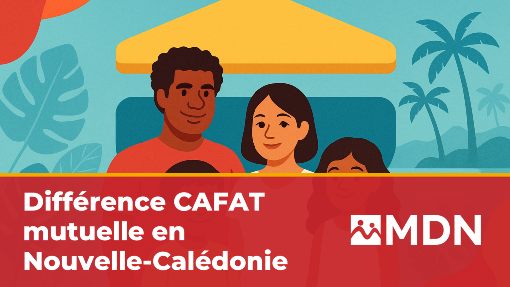 Famille calédonienne multiculturelle devant deux niveaux de protection santé symbolisant la CAFAT et la mutuelle