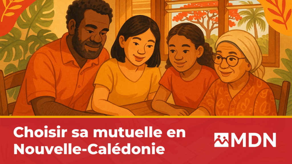 Famille calédonienne multiculturelle comparant des documents de mutuelle santé à la maison