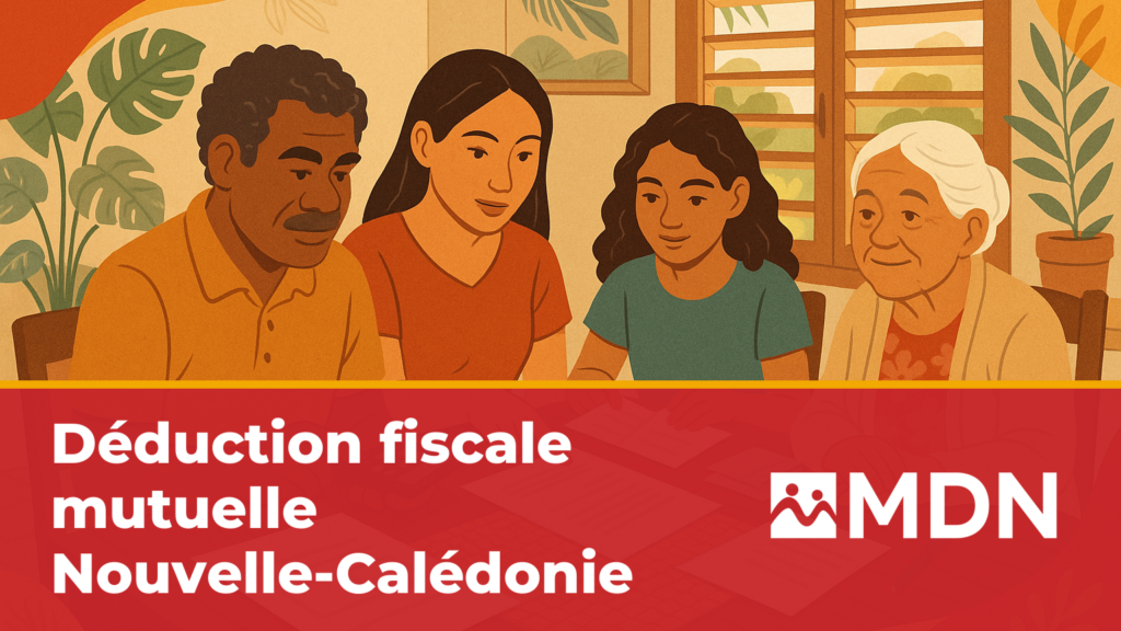 Famille caledonienne attablee remplissant sa declaration d'impot avec ses documents de mutuelle dans un salon de Noumea