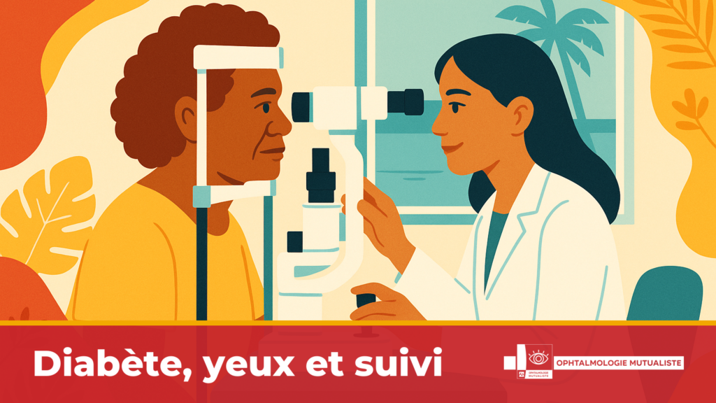 Patiente kanak diabétique passant un examen du fond d'œil à la lampe à fente chez une ophtalmologue en Nouvelle-Calédonie