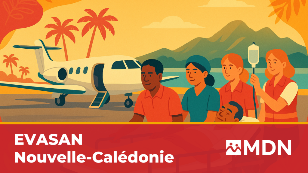 Avion d'evacuation sanitaire EVASAN sur le tarmac en Nouvelle-Caledonie avec une equipe medicale multiculturelle