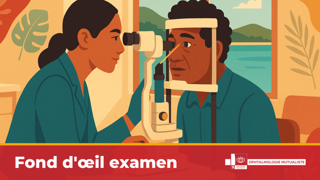 Fond d'œil examen en Nouvelle-Calédonie : ophtalmologue féminine examinant la rétine d'un patient à la lampe à fente
