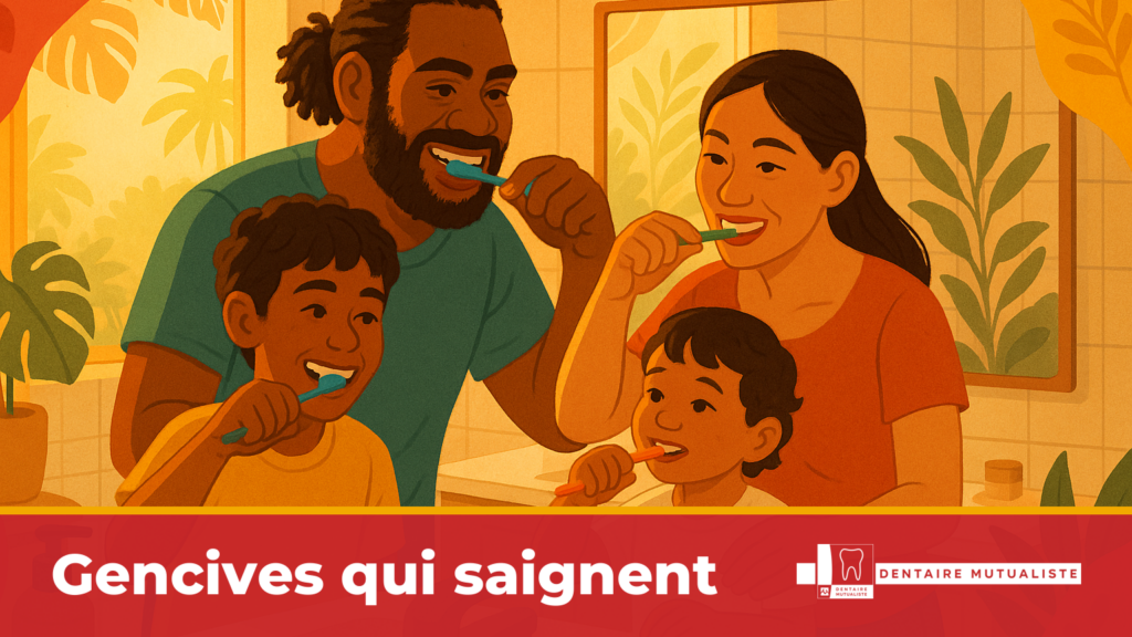 Famille caledonienne multiculturelle se brossant les dents ensemble dans une salle de bains lumineuse le matin