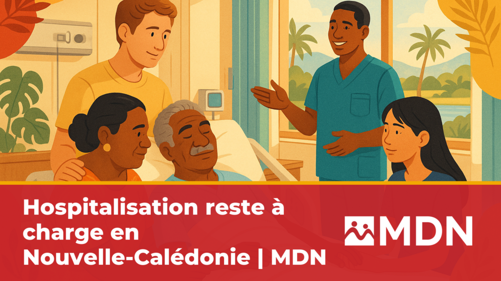 Famille calédonienne multiculturelle rassurée au chevet d'un proche hospitalisé dans une chambre lumineuse d'hôpital en Nouvelle-Calédonie