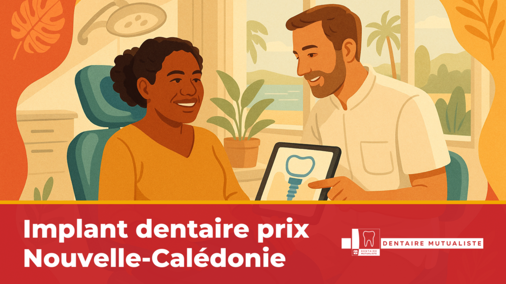 Patiente kanak souriante en consultation chez un dentiste à Nouméa qui lui explique un implant dentaire sur une tablette