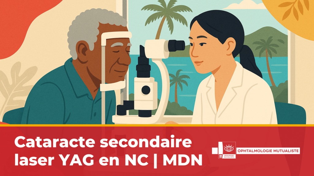Patient calédonien senior examiné à la lampe à fente pour une cataracte secondaire dans un centre d'ophtalmologie en Nouvelle-Calédonie