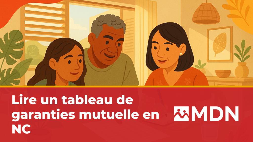Famille calédonienne lisant tranquillement un tableau de garanties de mutuelle à la maison avant de choisir son contrat