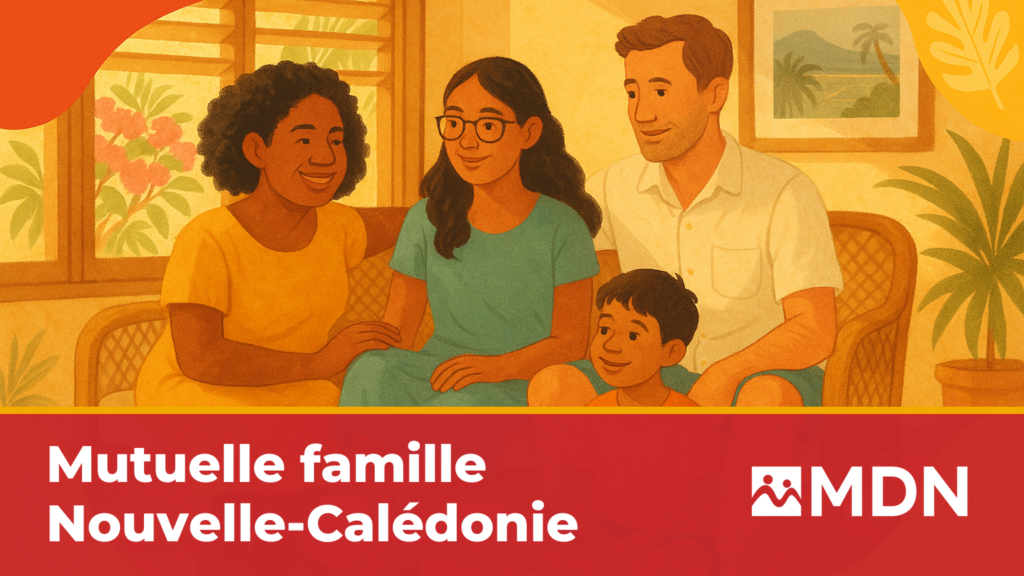 Famille calédonienne multiculturelle de quatre personnes souriante dans son salon à Nouméa