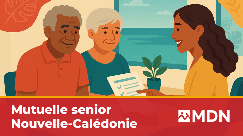 Couple de retraités calédoniens consultant les garanties de leur mutuelle senior au guichet d'une mutuelle en Nouvelle-Calédonie