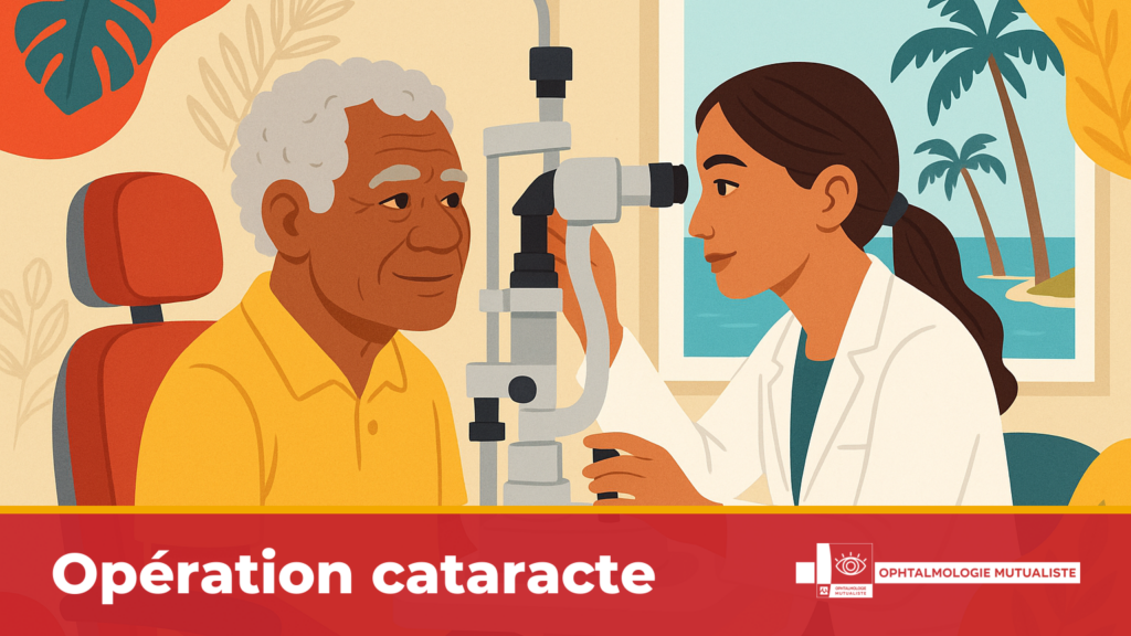 Senior kanak examiné par une ophtalmologue à la lampe à fente dans un cabinet calédonien face au lagon