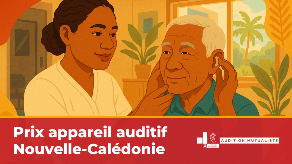 Audioprothésiste calédonienne réglant un appareil auditif derrière l'oreille d'un patient senior dans un centre à Nouméa