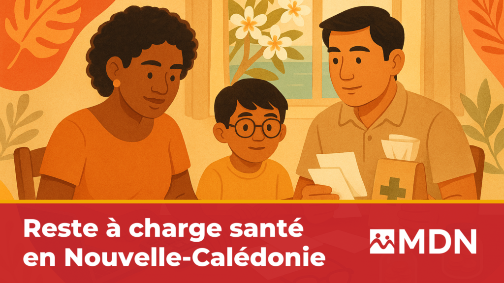 Famille calédonienne calculant son reste à charge santé en Nouvelle-Calédonie à la table de la cuisine