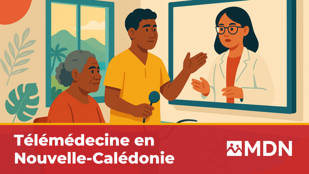 Téléconsultation dans un dispensaire de brousse calédonien : un infirmier et une patiente face à un écran relié à un médecin de Nouméa