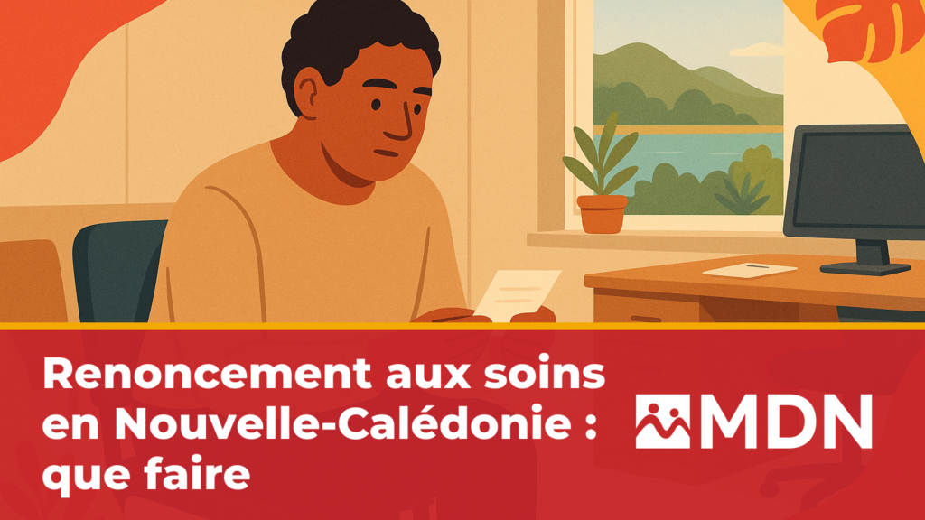 Personne seule assise dans un cabinet médical, tenant un document de rendez-vous, regard pensif vers une fenetre donnant sur un paysage tropical